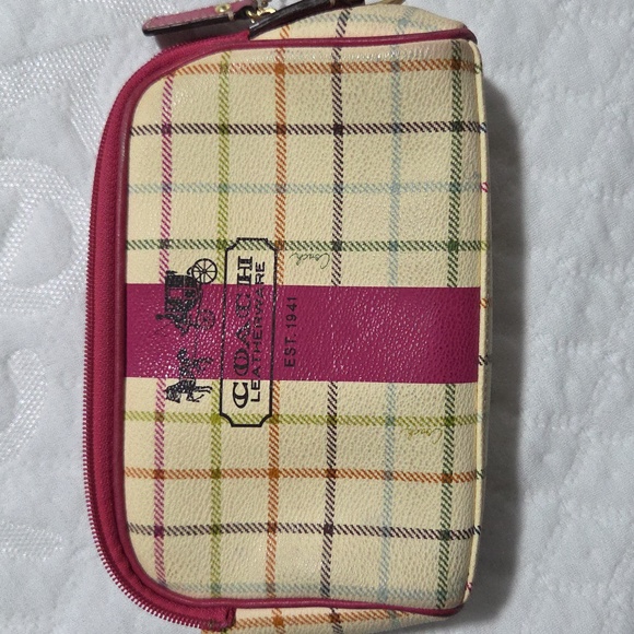 Coach Peyton Tattersall Coated Canvas and Leather Plaid Pink Stripe Cosmetic Bag - Picture 1 of 6
